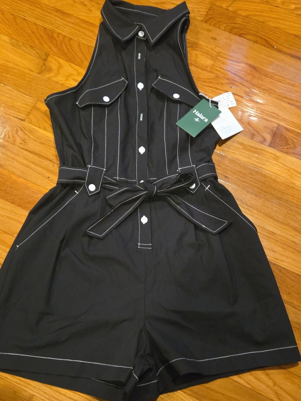 HALARA Black Sleeveless Utility Romper with White Topstitching
